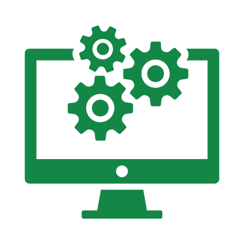 Green computer monitor with gears, symbolizing system configuration