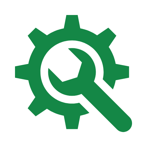 Green gear and wrench icon representing technical support or tools