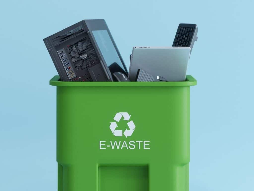 Green e-waste bin filled with discarded electronics