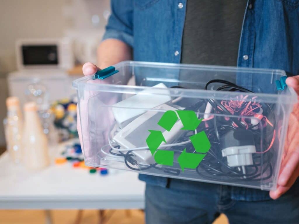 Individual placing electronics into clear plastic recycling container